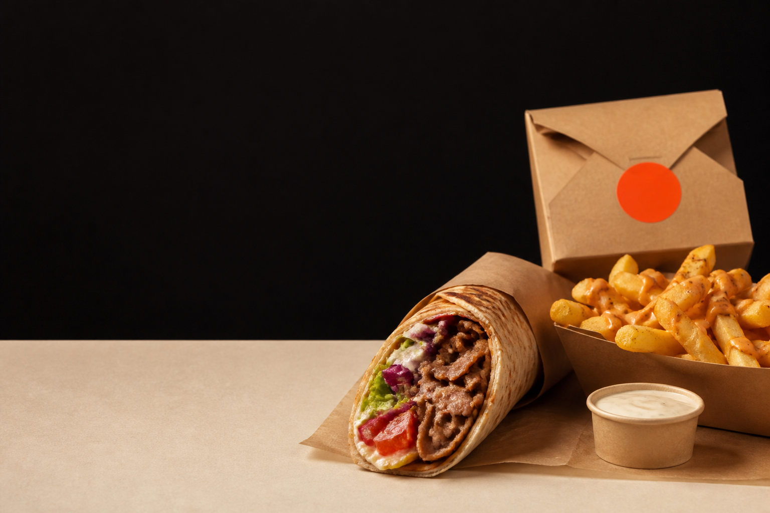 Kebab wrap, loaded fries en deliveryverpakking